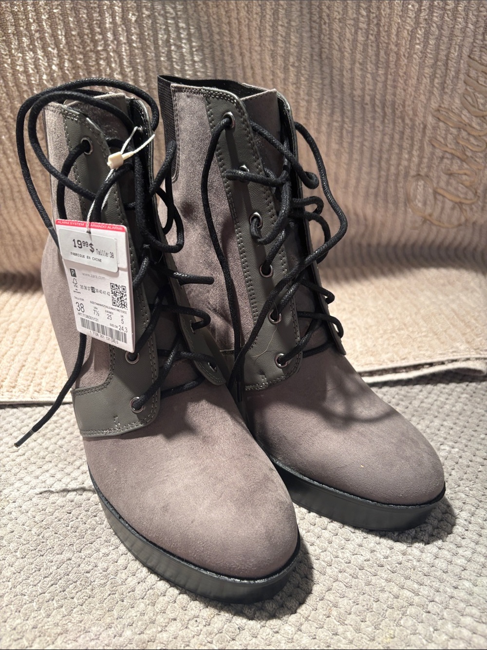 Zara Taupe Gray Lace-Up Ankle Boots